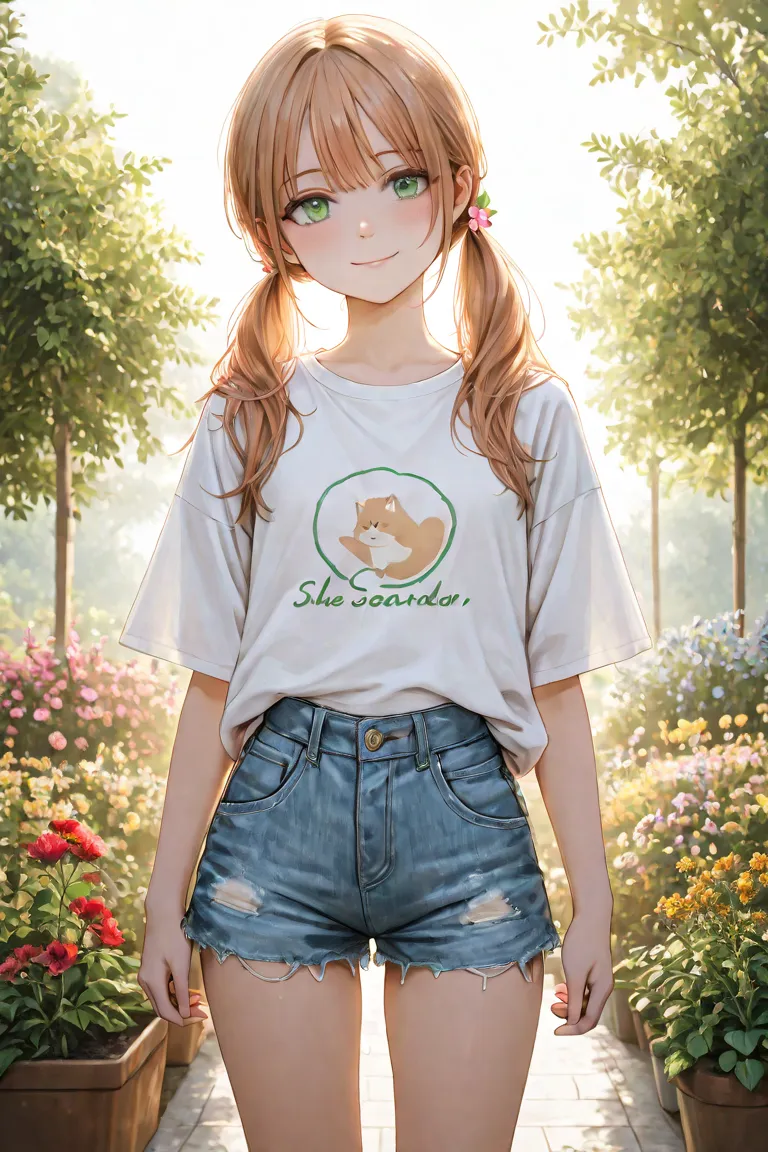 light brown hair、twin tails、green eyes、large white t-shirt、denim shorts、garden