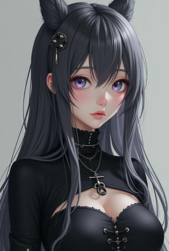 Korean girl with long gray black hair and a totally white lock, with clear eyes, one silver gray and the other lilac, a white and delicate skin, with a thin and small nose, full body, full of curves, dark rock clothing style, Realistic