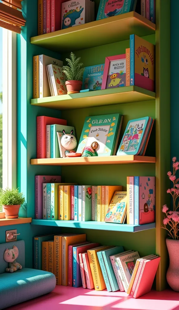 lime green,teal green,hot pink mixed book shelf,picture book art