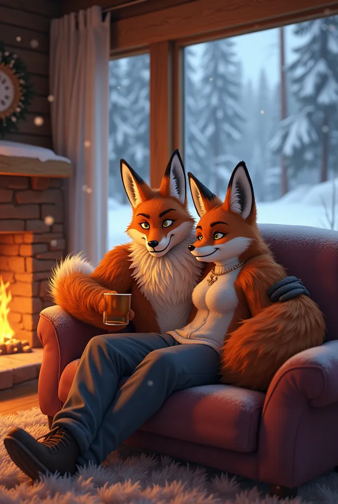 Furry Fox, Male, Laying on sofa holding glass of whisky. Smug expression. With another female fox. Anime lighting, cabin, winter, warm fireplace. 