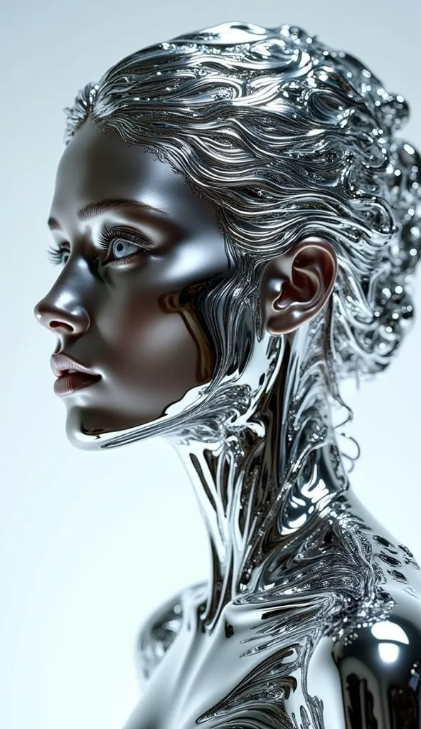 woman in full length, created from liquid silver, liquid silver, mercury body, masterpiece best quality, intricate composition, liquid structure, mrtal hair, silver eyes, liquid metal, metallic sheen, liquid metal texture, reflective surface, high detail, ...