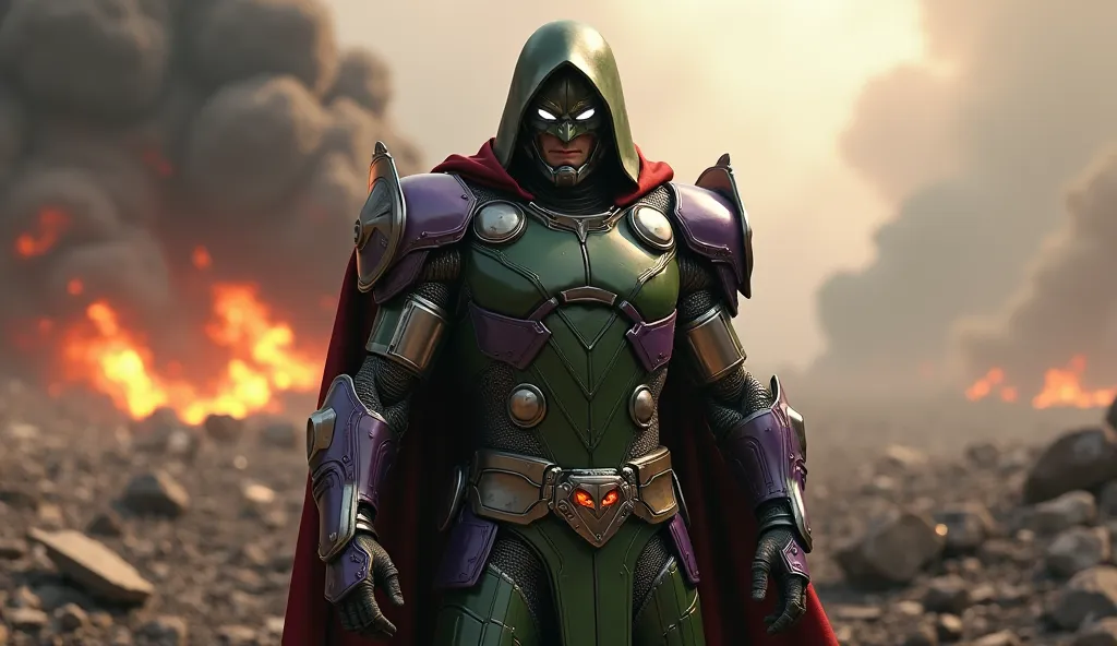 Robert Downey Junior as doctor Doom ready for war, fire and ash everywhere. 