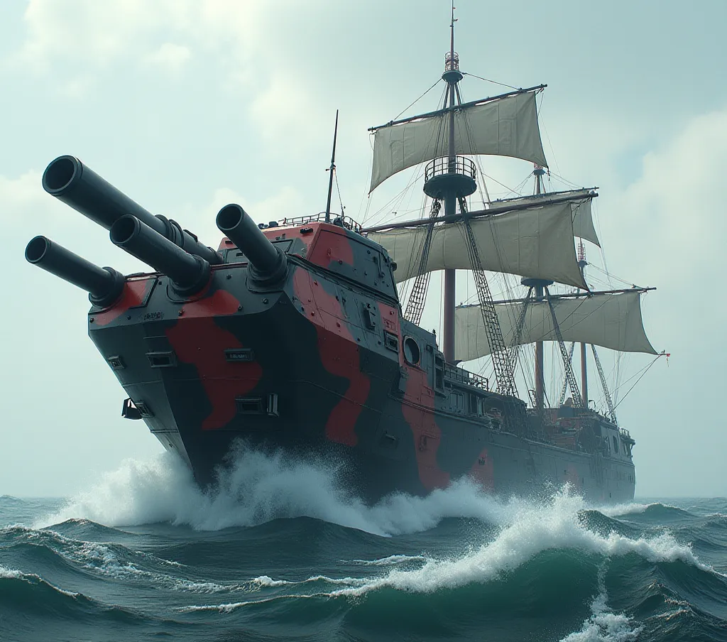 A Portuguese caravel that is being sunk in the sea by a war tank camouflaged in black and red that has three cannons and is above the ground