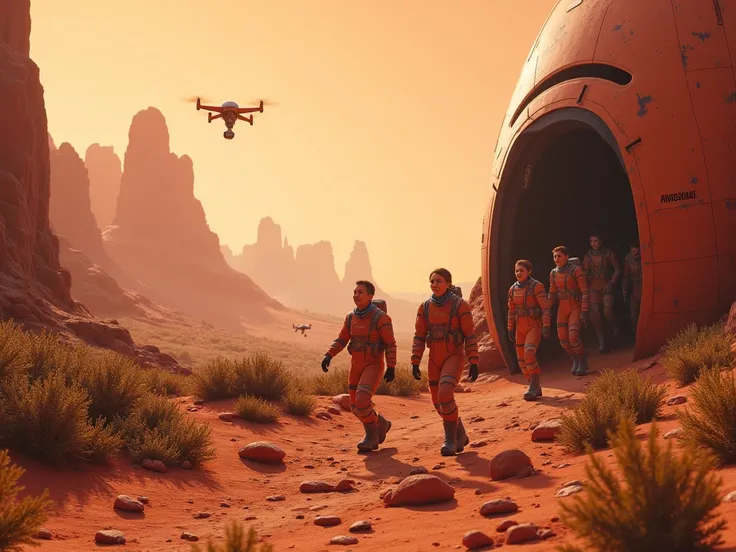 Mars terraformed people are happy, they go out of the spaceship to the planet's surface