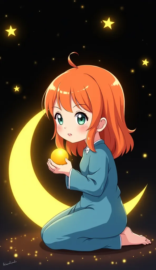 Anime picture of a girl. She has soft orange hair. With an innocent face, wearing a Ramadan dress. It is blue. holding a yellow. sitting on a Ramadan moon, a black background with bright yellow stars, 