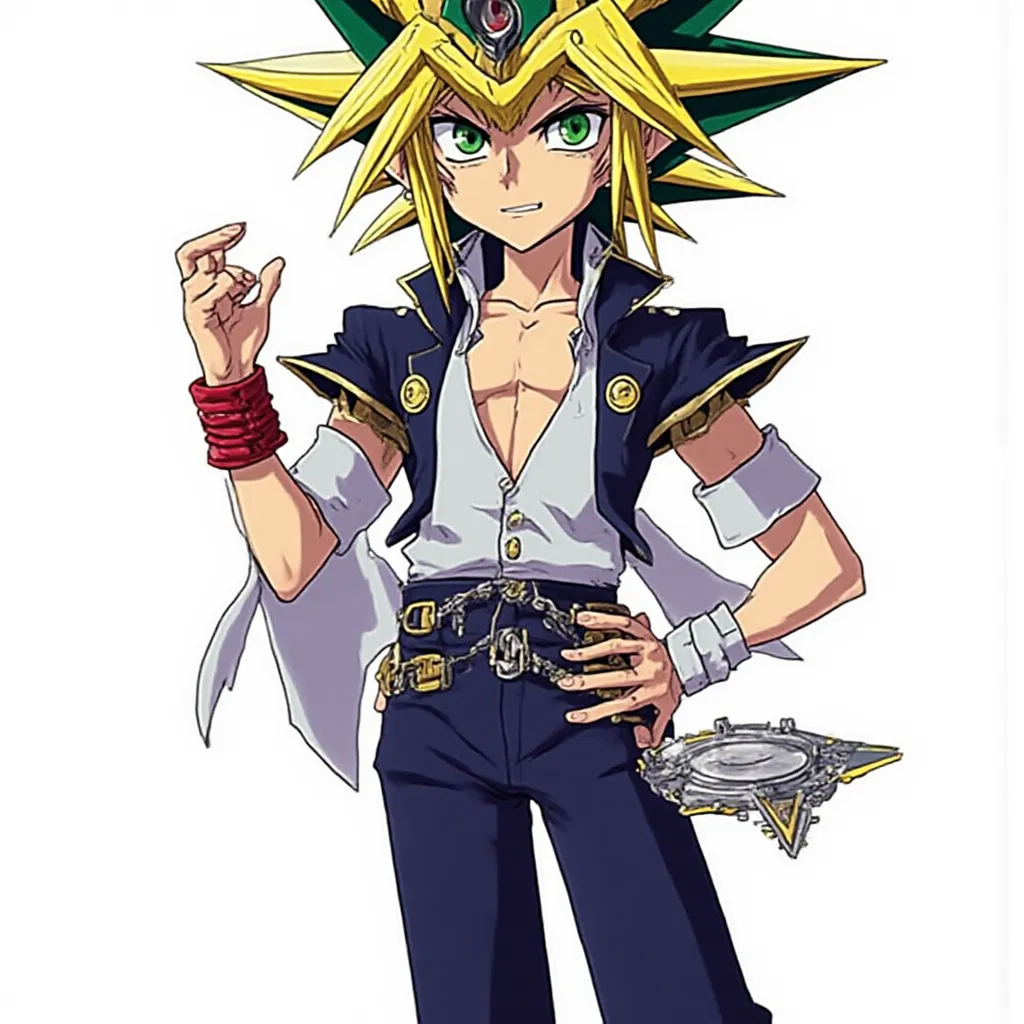 YU-GI-OH carte monstre, duelliste cheuveux vert et jaune debout avec son disque de duel sur le bras gauche, habillé en uniforme du lycée domino city dans un style de peinture anime Yu-gi-oh duel Monster , anime YU-GI-OH Duel monster, image détaillée.