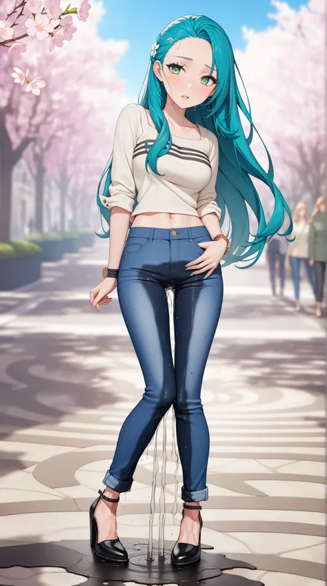 Detailed skin texture, Attractive skin tones, Captivating soft make-up, A youthful scandinavian female with dazzling eyes and lovely long hair and forehead with skinny body with round ass and medium breast with is (wetting herself:1.5) in desperation. A la...