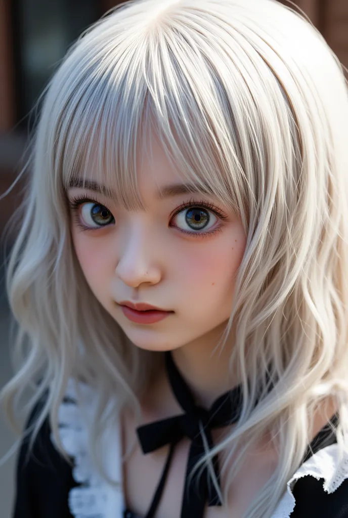 ( ultra real ), (figure), (Hi-Res), (8k), ( very detailed), (Best figure), ( precise and beautiful eyes), (Best Quality), (super detailed), (masterpiece), (wallpaper), (detailed face), alone, one girl,  Wavy White Hair , Japanese, Different Eyes, small mol...