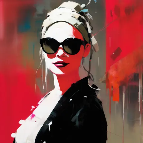 killerbot ashley wood banksy alla prima 8k woman portrait Aleksi Briclot Quentin Frost Ashley Wood paint layering style stunning color theory complimentary color neon accent lighting alla prima palette knife bright colors paint as rain closeup woman portra...