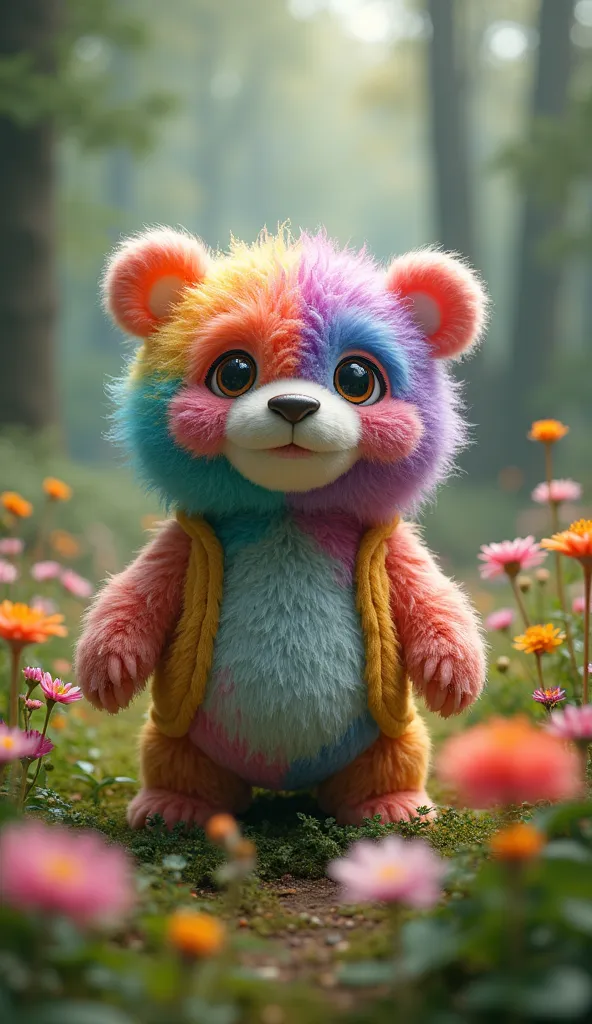 funny flobblecranium  fluffy colorful bear with flowers in the forest