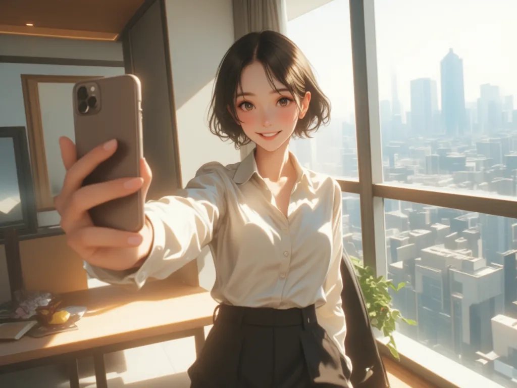 Photorealistic　hotel　selfie　Japanese　cute　20th Generation　woman　