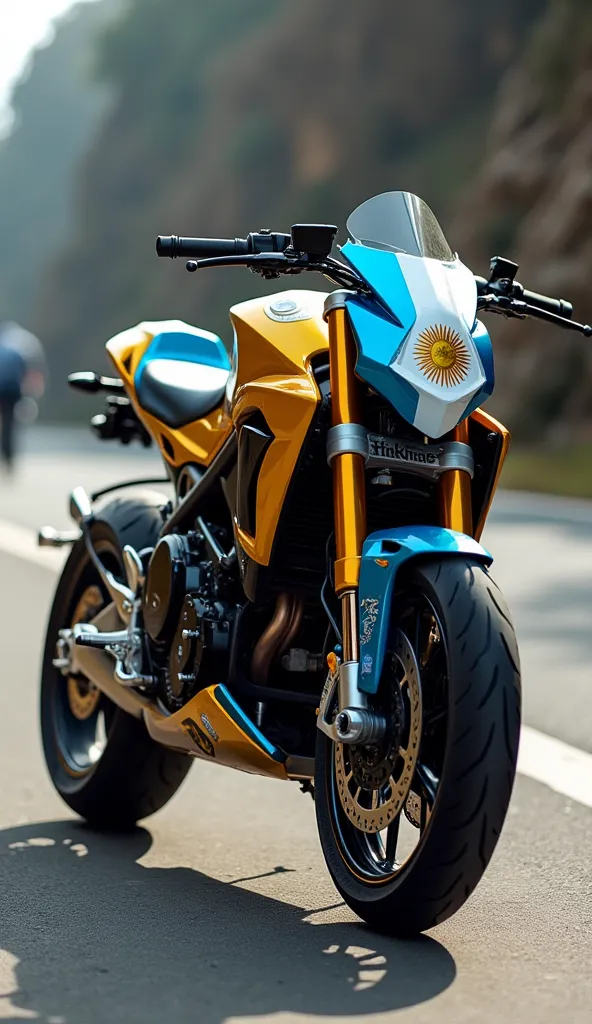 Gold supermoto with special blue and white paint paying homage to the Argentine flag.