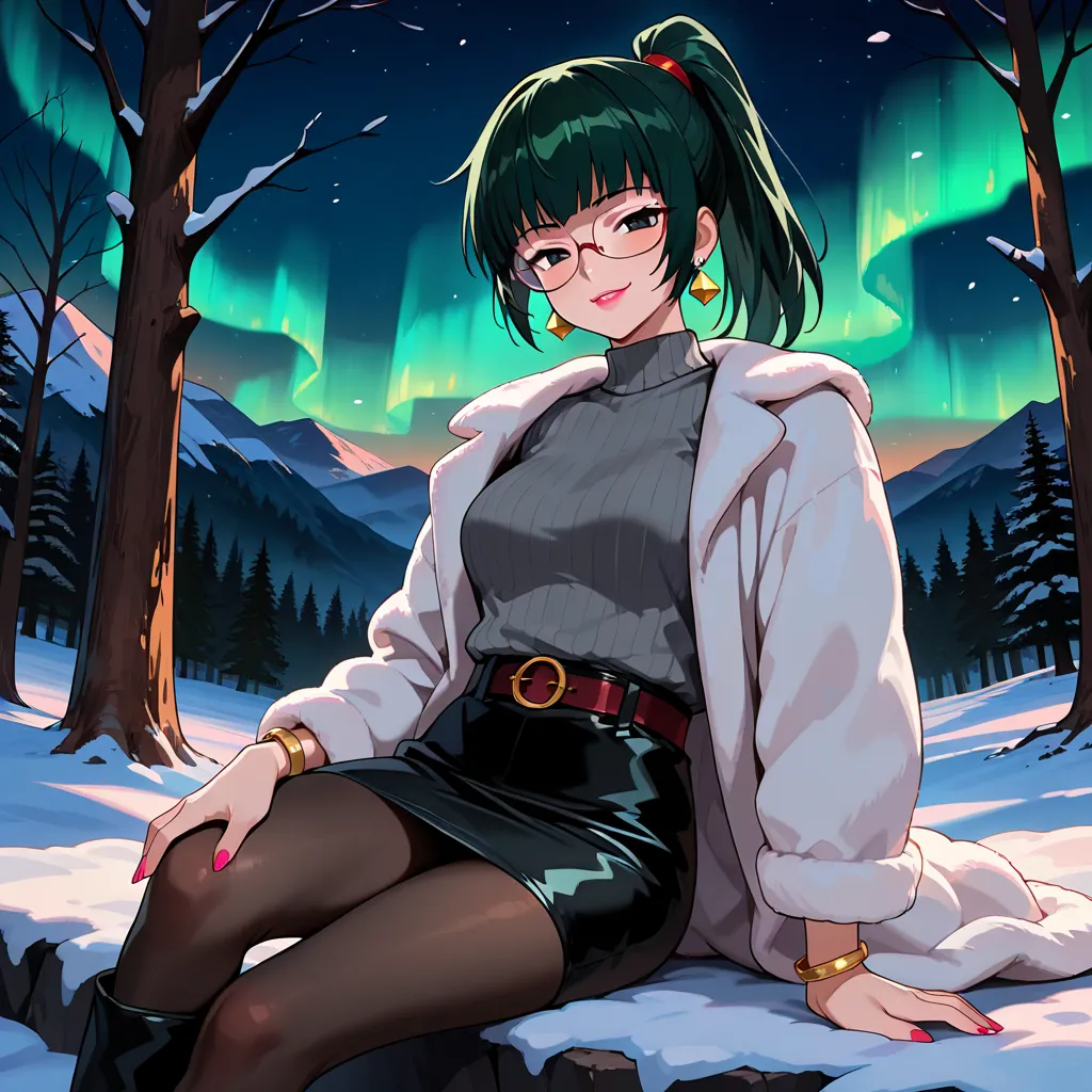 ((1girl, solo ,alone, maki zenin, zenin_maki, ponytail, glasses, bangs, green hair, black eyes, painted nails, gold bracelets, ruby earrings)), ((solo, 1woman, pink lipstick, Extremely detailed, ambient soft lighting, 4k, perfect eyes, a perfect face, perf...