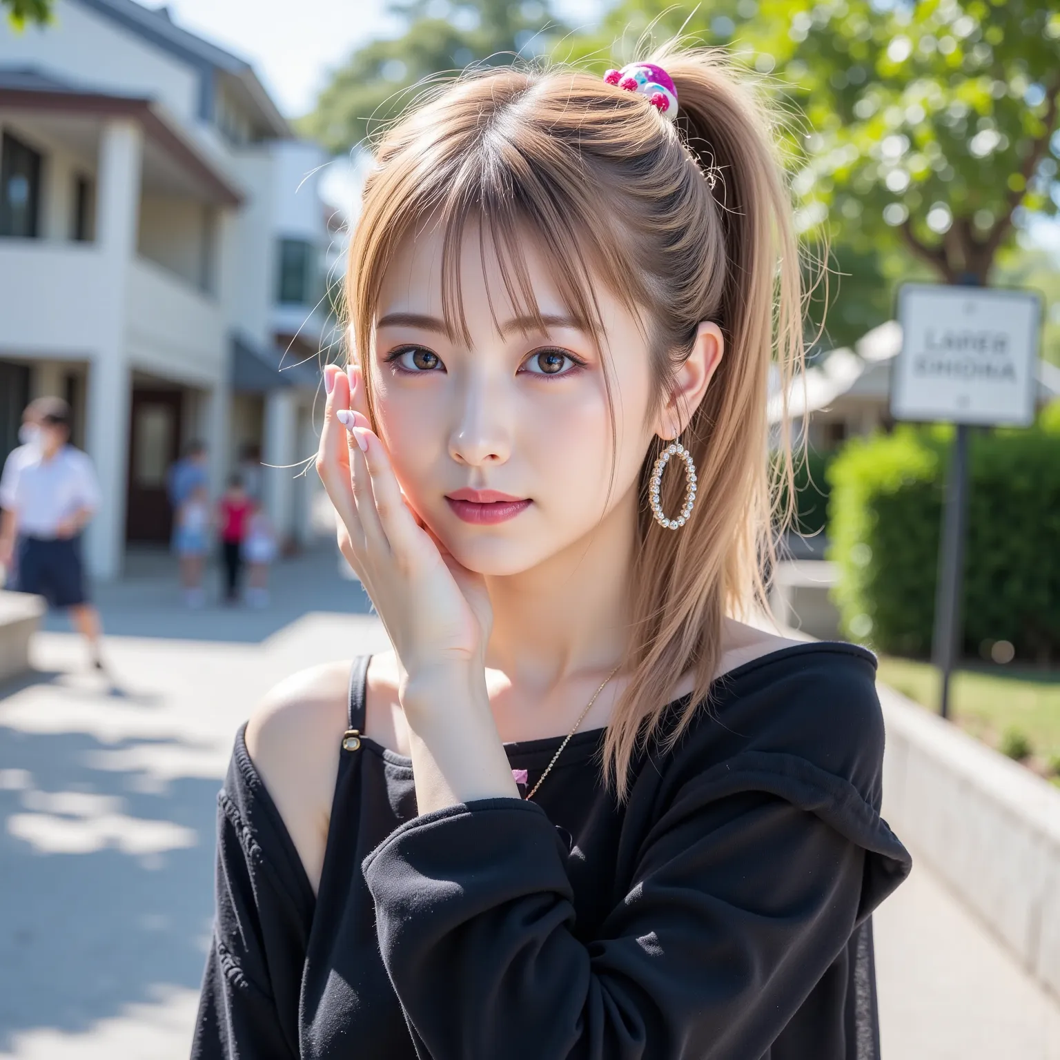 ((8K wallpaper)),((blond hair)),((braided ponytail)),((big breasts,Big Breasts)),((dark eyeshadow pink with dark orange lipstick)),(( beautiful Japanese girl)),((Intelligent Glasses)),((street corner background )),((colorful manicure for nails)),((earrings...