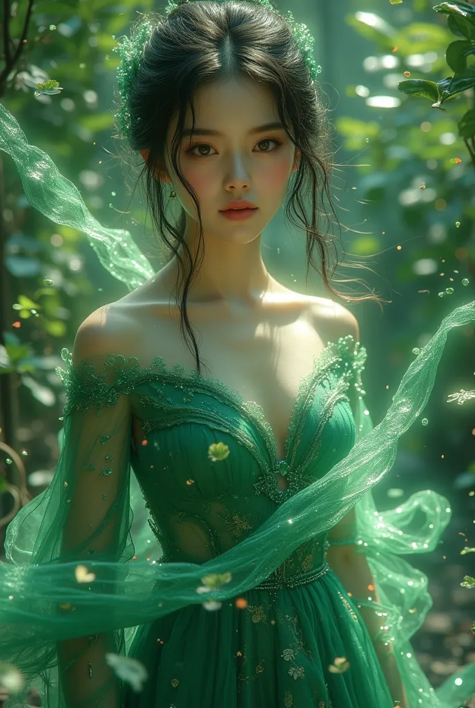 (masterpiece, High quality sweat, better, formal art,  beautiful and beautiful ,  Long exposure : 1.2), Smooth Motion, Charming patterns, 1 girl, (long dress with: 1.3), ((( green clothes) )), upper body close-up,   bare shoulders,  Chinese girl ,  blush, ...