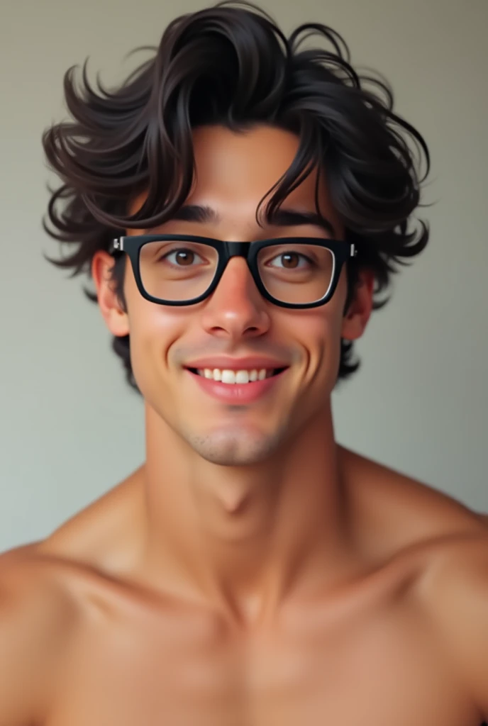 Young, dark-haired man without a strong shirt, wearing glasses and smiling.
