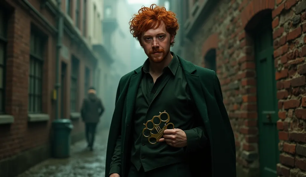 Ron Weasley in a dark green classic suit with brass knuckles in his hand, like the mafia