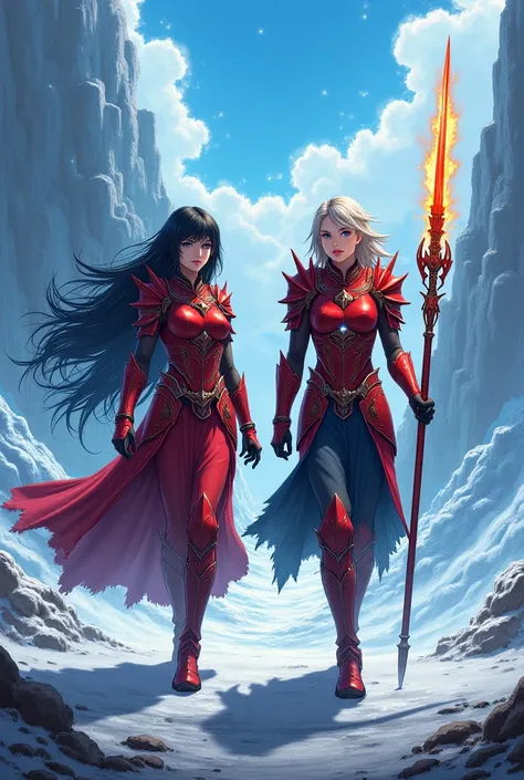 anime version: Carmila and Laura are half-elven cousins, giants of ice and fire, with the influences of the Ifrits. They have skin as dark as night, black hair that falls like a night waterfall, and blue eyes that shine like stars or hot coals. They wear r...