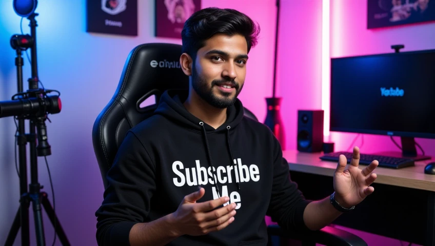 

An Indian man 20 year sitting confidently on
modern gaming chair in his YouTube
studio. He is wearing a bright black hoodie
with "Subscribe Me"  boldly printed on it.
His face is clearly visible and expressive
.The man is gesturing with his hands,
as if ...