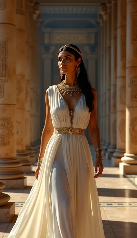 Cleopatra wearing white dress and gold jewelry, is walking down the corridor of the Egyptian palace. It's nighttime and moonlight. ((Realistic)).