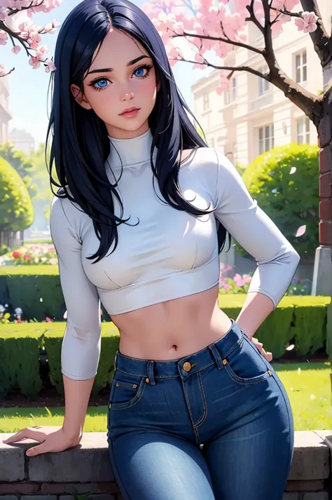 1girl, long dark blue hair, blue eyes ,nsfw, absurdres, high res, ultrasharp, 8K, masterpiece, looking at viewer, undressing, eyeshadow, denim jean pants, wide hips, curvy, white crop top