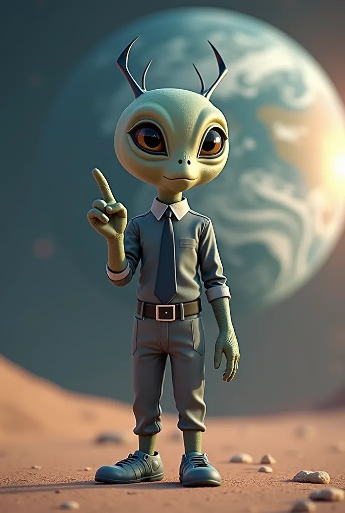 Create a real alien type 3d wearing an office work uniform and point with a finger at something that you can see coming out of your world towards planet Earth type 3d on a horizontal background with planet Earth