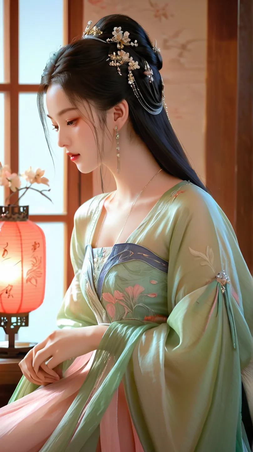 Dunhuang art style, Extremely long-distance lens, highest quality、masterpiece、超High resolution、(realistic:1.3)、RAW Photos,A beautiful girl, Perfect face, Pretty Face, Wearing traditional  dress, Zen style, Bright Star, Light and Shadow, Ancient White, epic...