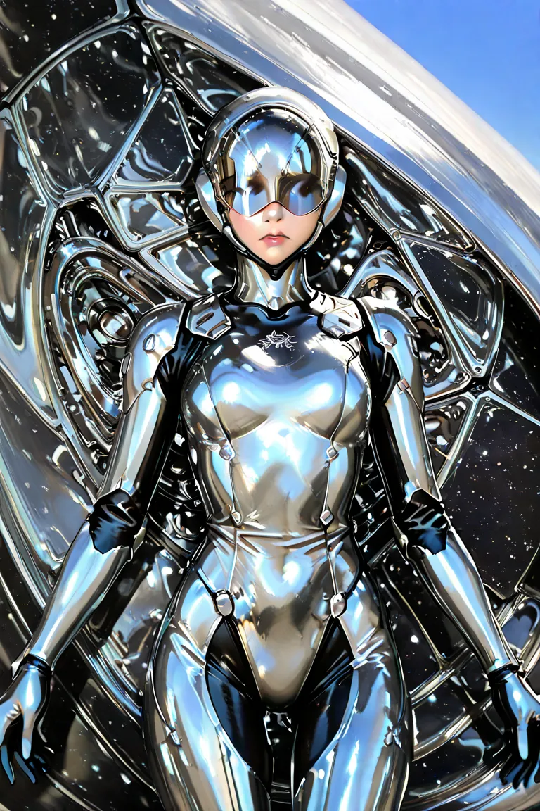 girl in the center of the frame.  She is dressed in a complex, high-tech sex suit in black and silver, consisting of many metal parts. The suit covers a body partially, , forming embossed shapes and folds, lots of parts and plates, The girl's pose is relax...