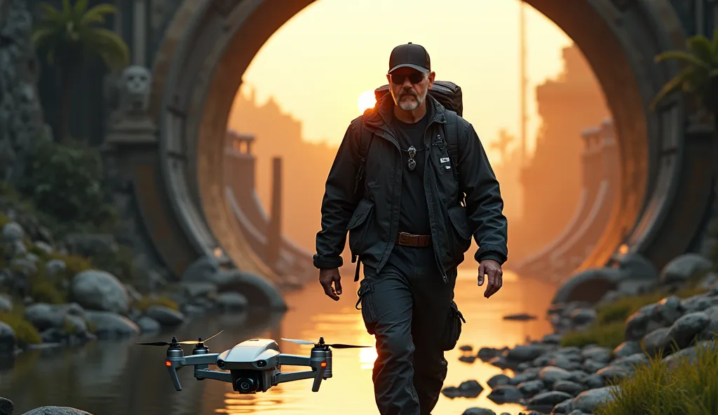 at dawn, Capture an image of a 60-year-old bald strong, bald 60-year-old dressed as an explorer wearing a jacket and pants in black with cybertech touches with a backpack, black baseball cap and Rayban dark sunglasses with black lenses, walking down a stre...