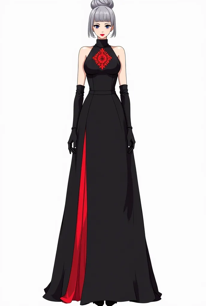 Model sheet of a tall and elegant woman, with gray hair tied in a sophisticated bun. She wears a long black dress filled with bright red details, with gloves up to the elbows. Styles: manga, model sheet