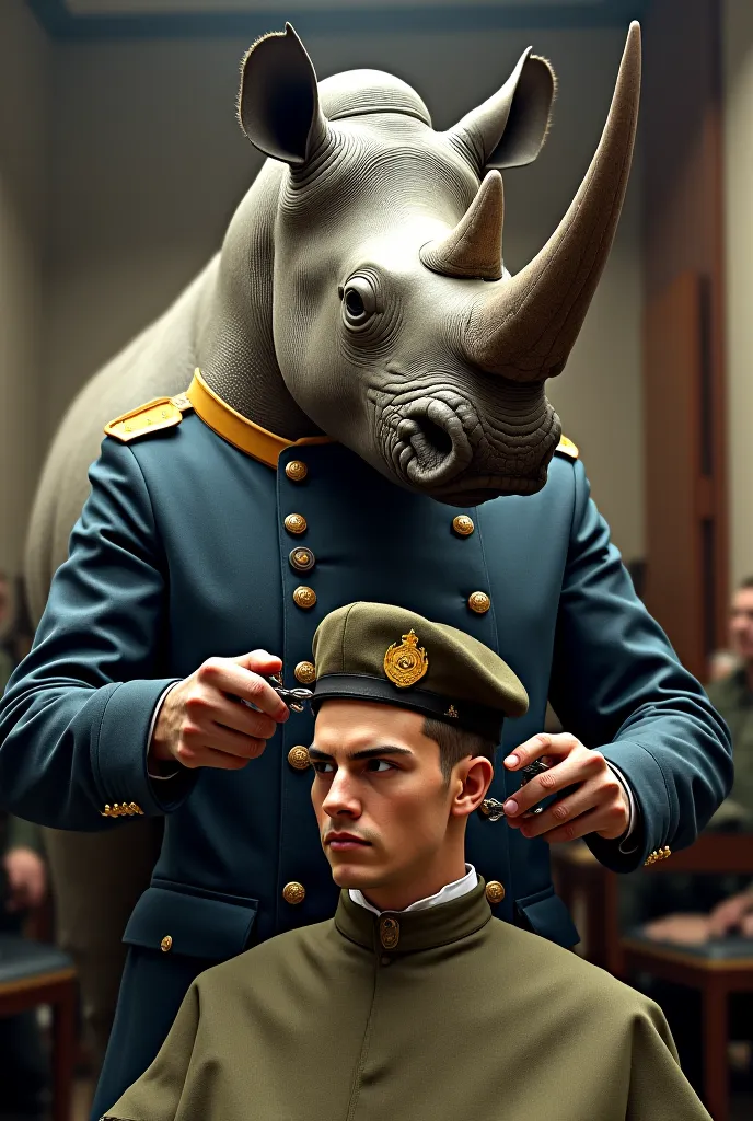 Rhinoceros in military uniform barber cutting the hair with a machine and scissors of an unheeled soldier with a haircut short cap
