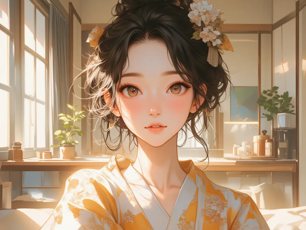 realistic　hotel　selfie　Japanese　cute　20th Generation　woman　A meticulous eye down to the details