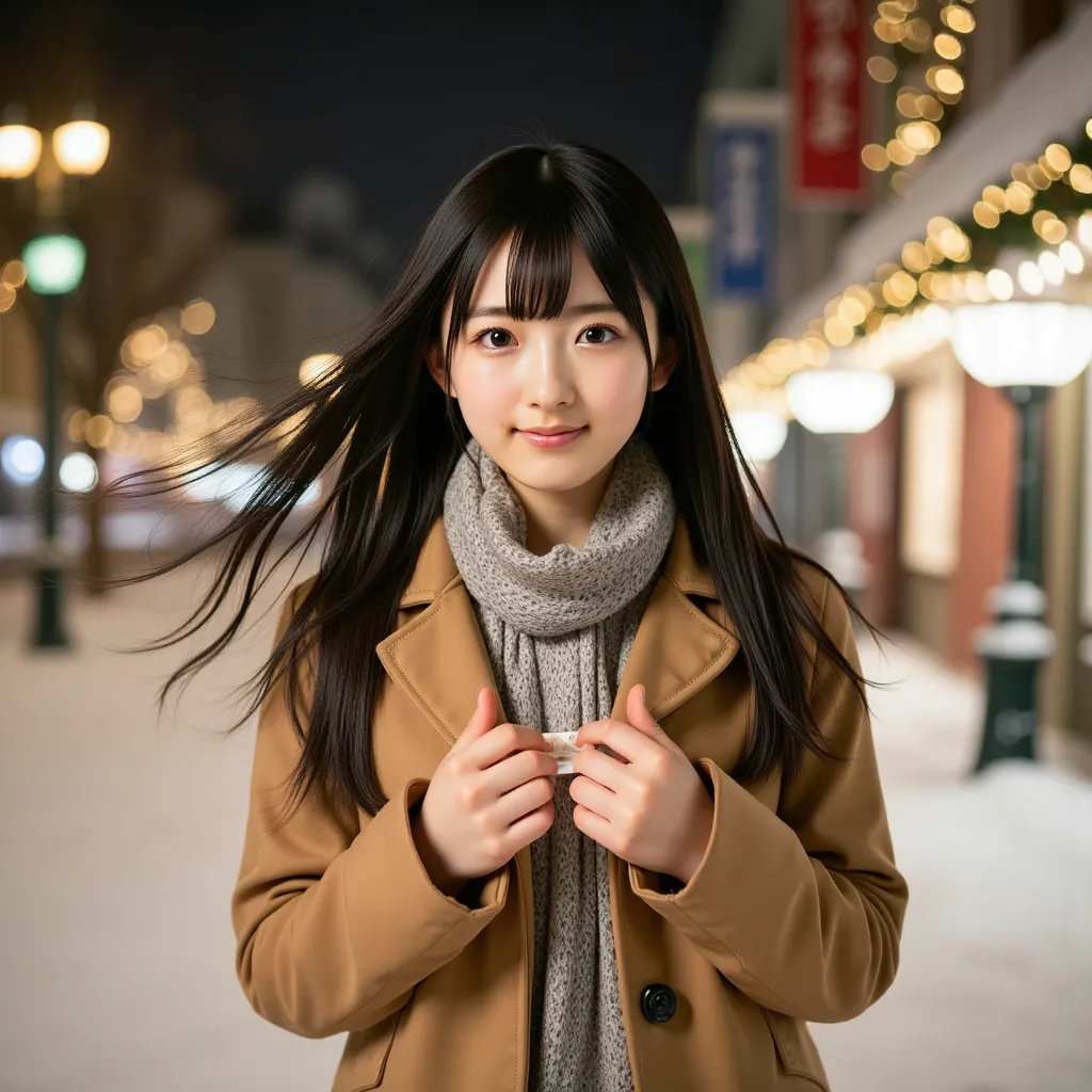 (Wore a winter uniform and scarf coat、 close-up portrait of a single girl with long hair and dull bangs:1.5)、(A girl is holding a gift box with a shy smile and 、her hair is fluttering in the wind :1.3)、(street corner on a snowy winter night with Christmas ...