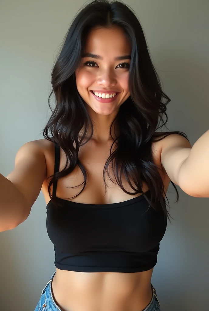 A 17-year-old dark-haired, fair skin,  typical Brazilian outfit , with light and cheerful features, skinny with huge breasts and big ass, taking a selfie wearing a black top and denim shorts 