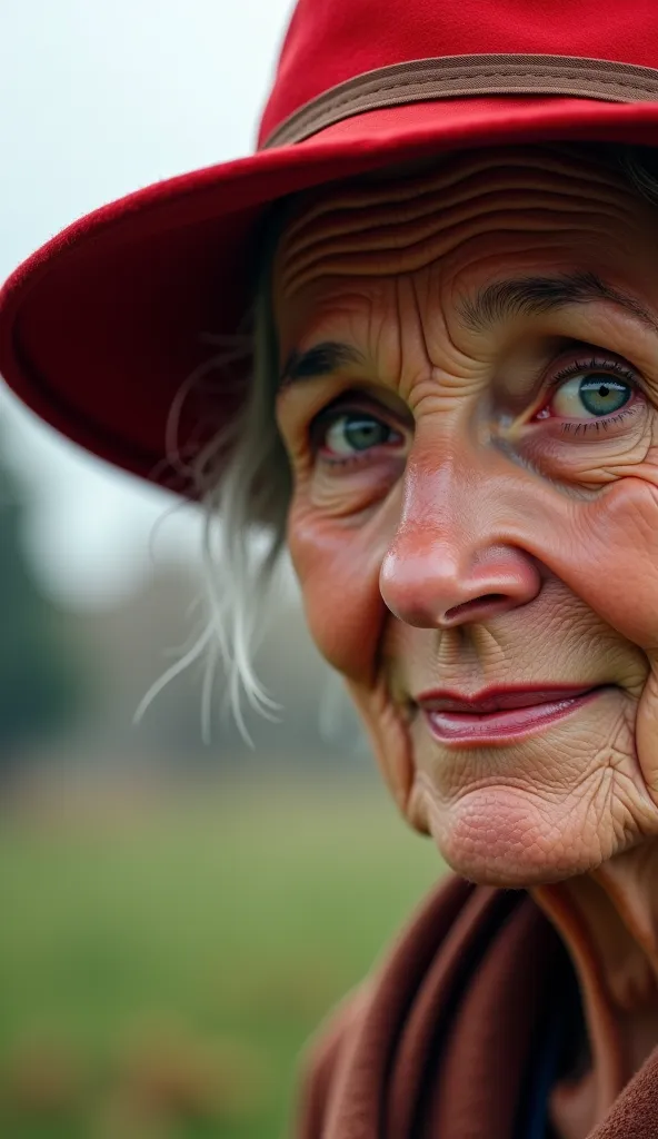 Two eyes of an old woman with a small smile wearing a red hat and in the back there is a blurry park. 