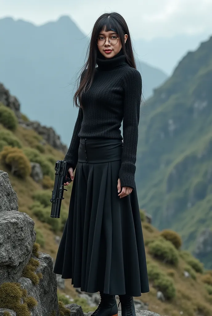 Beautifull japanese black hair female ,wear black knitted turtleneck sweater, standing hold gun, step on rock