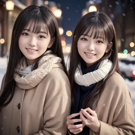 (Wore a winter uniform and scarf coat、 close-up portrait of a single girl with long hair and dull bangs:1.5)、(A girl is holding a gift box with a shy smile and 、her hair is fluttering in the wind :1.3)、(street corner on a snowy winter night with Christmas ...