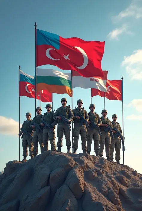 8 soldiers on top of a mountain will have flags behind them ( Azerbaijan, Uzbekistan, Turkmenistan, East Turkestan, Türkiye, Cyprus) Draw all TURKISH FLAGS like