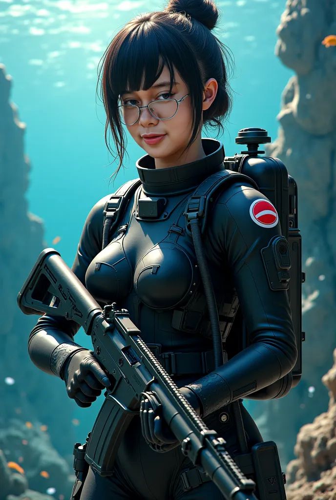 Beautifull japanese female ,wear scuba special force suit, turtleneck, standing hold gun, underwater