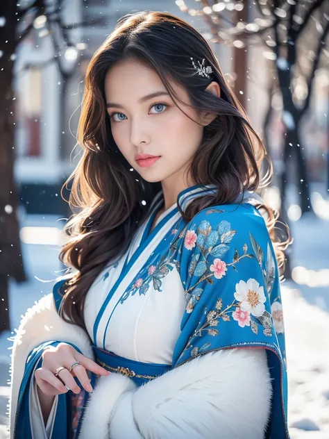 (best quality, 【【8k, 【【32K), (  High Relief Print Model),Realistic photos, High Resolution, 1. Japanese woman, alone, (lolita costume),Gorgeous clothing, for the audience ,(Upper body,thigh), beautiful eyes,   Brown hair  , ring eyes , (External,heavy snow...