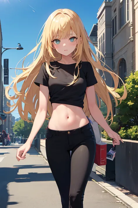 Young girl. blond hair, long hair, hair tied with a black ribbon at the back, dark green eyes,  grey t-shirt , (black flared pants ), at the bottom, the pants become wider,  is walking down a spacious street in town ,  small hips , small pelvis , day, the ...