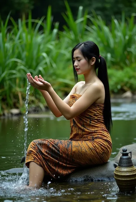 (masterpiece, best quality:1.2), 1girl, solo, sarong_dress, ((2)), Photo of Pretty Indonesian woman, ponytail, river, sitting, 
A serene and artistic depiction of a woman in a natural outdoor water setting, splashing water gracefully. The environment inclu...