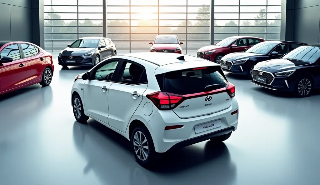 Rear Sides 40 degree view a stunning rear sides view of 2025 white Hyundai grand i10 nios in competitive pristine showroom