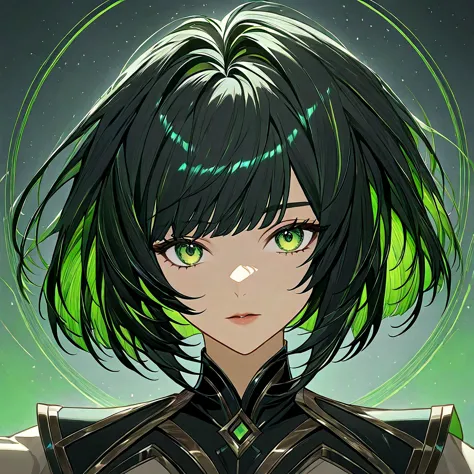 Create a black hair anime, highlighting green hair, green eyes, undercut hair on the side. Long bob with a gradient of hair in layers has volume and dimension. The hair on the top is so long.