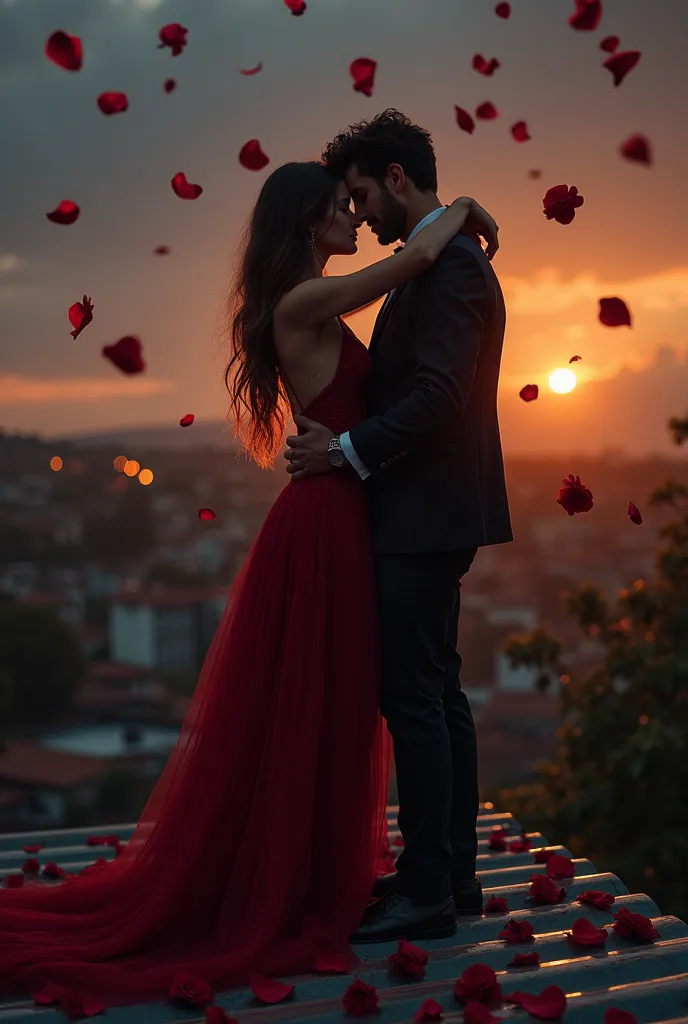 A couple embraced on a tin roof at night, with favela lights in the background and vinyl floating between them, turning into rose petals.  
**Style:** Digital art mixing realism and surreal elements ( warm colors: shades of wine, gold and dark blue).