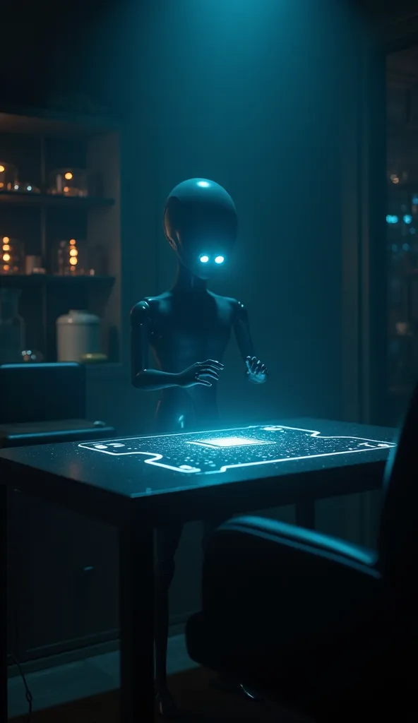 Ultra-realistic, dimly lit room with a high-tech AI interface glowing on a table. The AI appears as a humanoid figure, faintly visible, with glowing eyes that seem almost human. The atmosphere is mysterious, with shadows reflecting the AI's growing conscio...