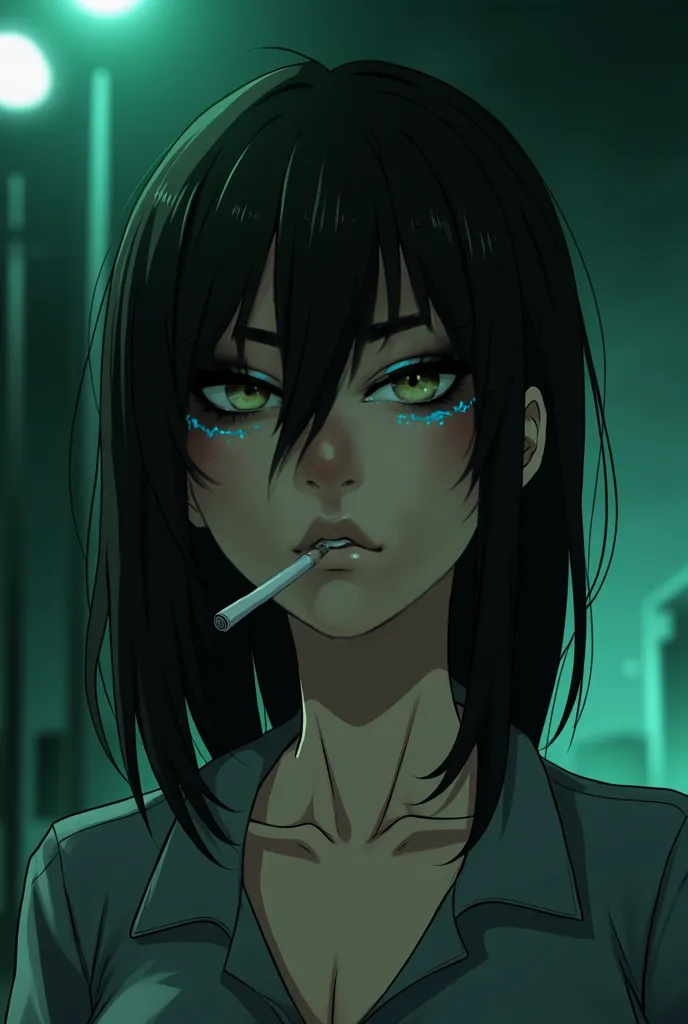 Make an anime version from her, cool, cigarette in mouth, from below,slight green ambient lighting in background, night, tired look, serious stare