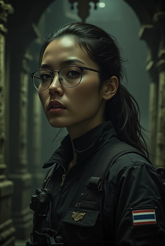 30 years old thai Asian woman with glasses with ponytail hair wearing modern black tactical outfits with Thailand Flag patch like special force captain, underground ancient temple background , serious, resident evil atmosphere