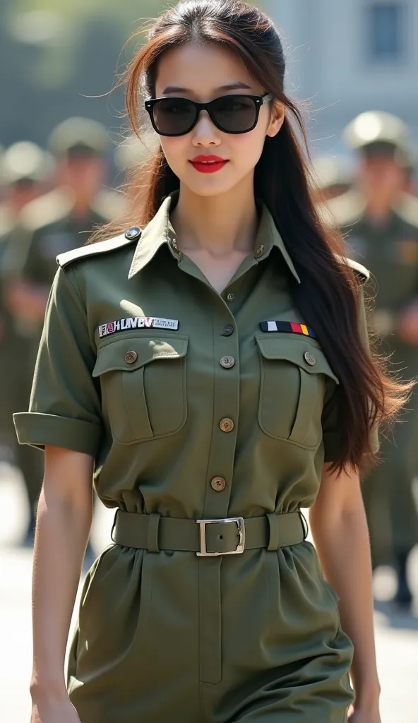 Beautiful Korean girls with long brown ponytails are People are queuing up for army training.   wearing army blouses and pants. black sunglasses , awesome body figure , red lipstick , big breasts, very big breasts 