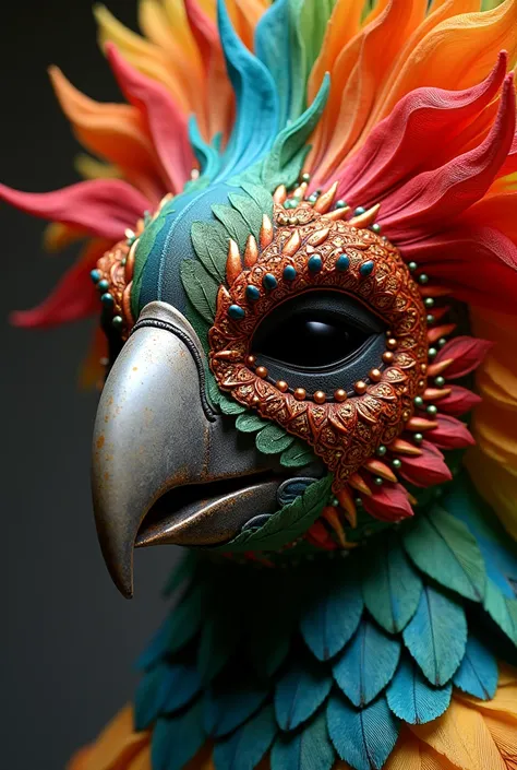 A fantasy carnival mask inspired by the face of a slightly aggressive or spectacular parrot 